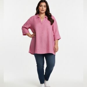 Tahari Pink Linen V Neck Mother of Pearl Button Tunic Top 3X (q17)